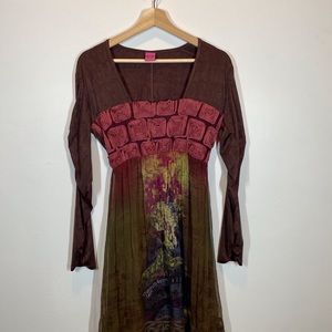 Save The Queen Y2K Dress Sz M Embroidered Silk Long Sleeve Knee Length